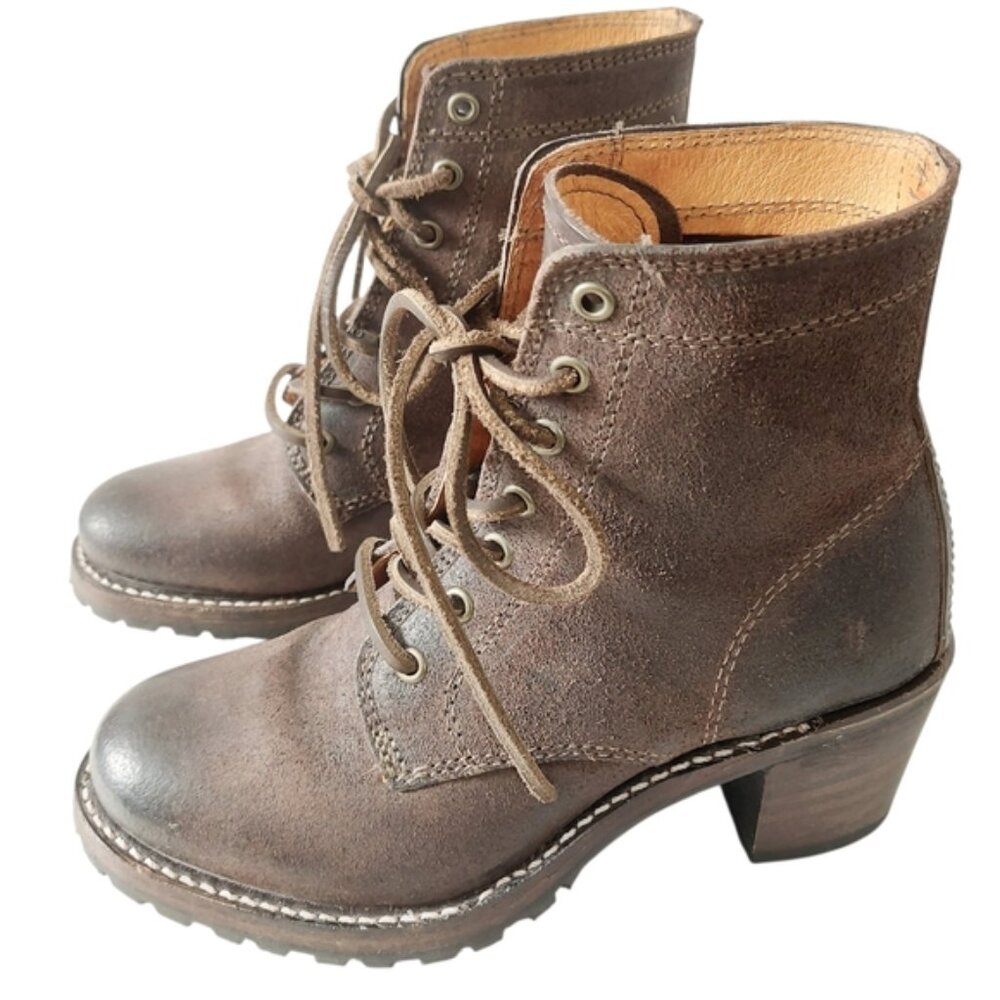 Frye Sabrina 6G Laceup Combat Boots 5.5 M Dark Brown Rugged Chunky Block Heels